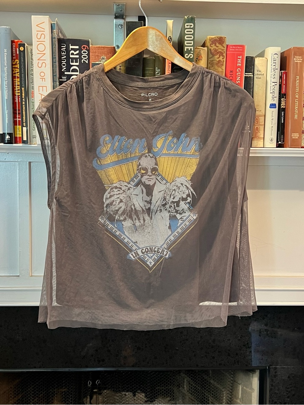Pilcro Gray Elton John Graphic Muscle Tee with Yellow & Blue Print